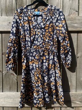 Draper James Navy Floral Tie-Waist Dress with Mustard & White Blooms